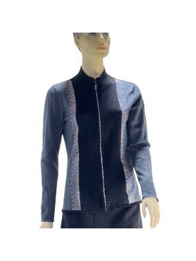 FONTANA Women’s Sweater Gray Black Jeweled Zipper Stretch LS Mock Turtle Size M